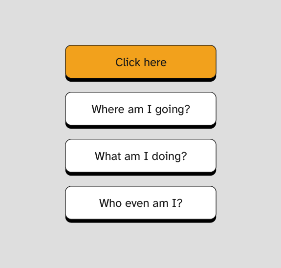 A series of buttons reading 'Click here' 'Where am I going?' 'What am I doing?' and 'Who even am I?'